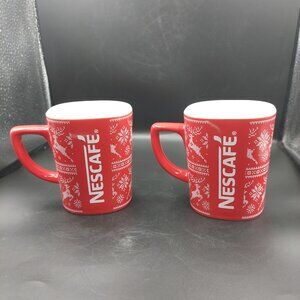 2 Red Nescafé Nestle Mugs Reindeer Sweater 11 oz Coffee Cups Christmas Winter